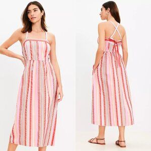 NWT LOFT Pink Striped Strappy Cross Tie Back Midi Maxi Dress